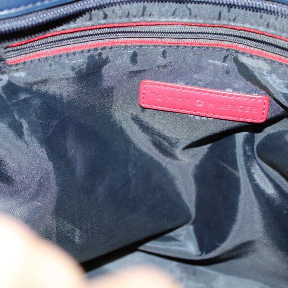 Tommy Hilfiger Woman's Tote Bag Navy Blue All Over Logo Leather & Chain Handle - Picture 8 of 11